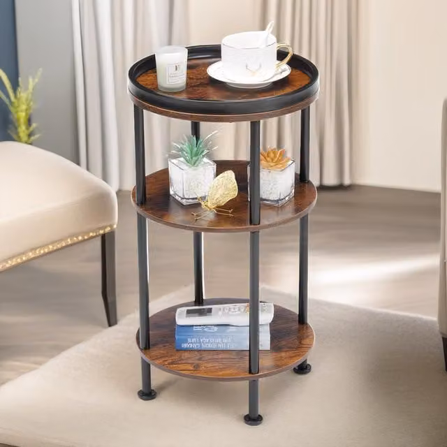 Pirlo Plush 3 Tier Round Industrial Coffee Table in Brown and Black