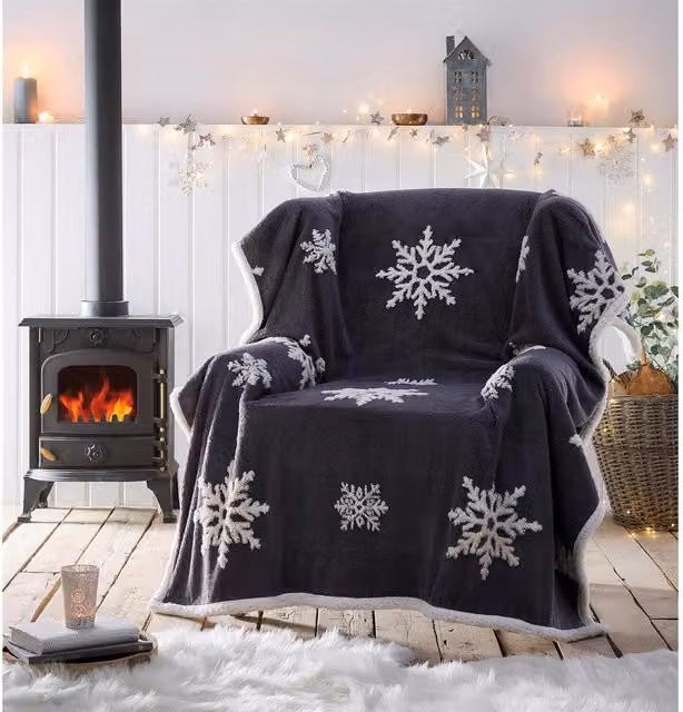 Porfolio Living Snowflake Sherpa Fleece Throw, Grey and White, W/D/H: 130 x 170 cm