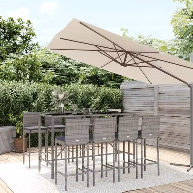 Berkfield Home 9 Piece Grey Poly Rattan Garden Bar Set with Cushions – 1