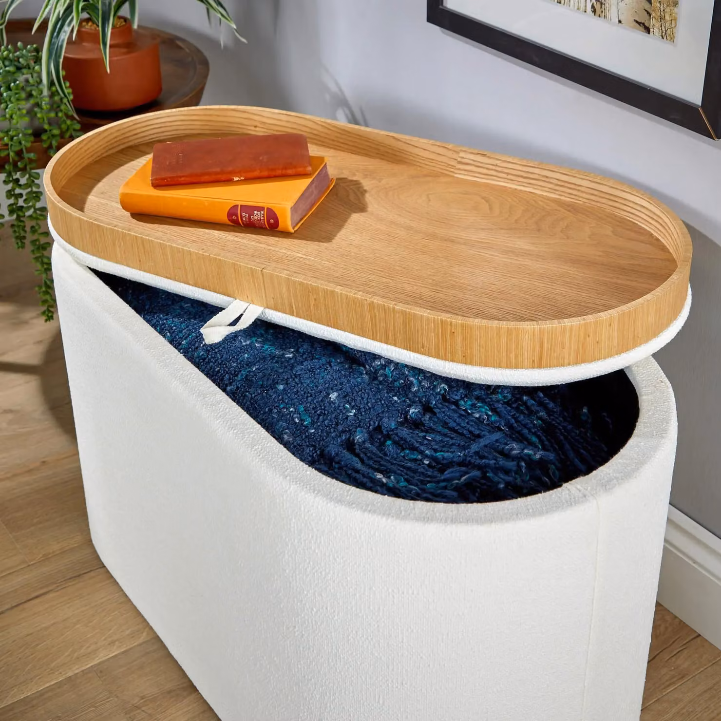 Home Source Storage Ottoman with Reversible Lid in White Bouclé Fabric – 3