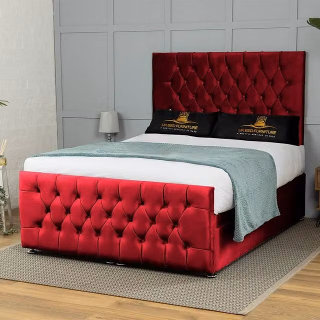 UK Bed Furniture Winchester End Lift Divan Ottoman Bed with 54 Inch Headboard in Red Velvet, Super King, W/D/H: 200 x 220 cm