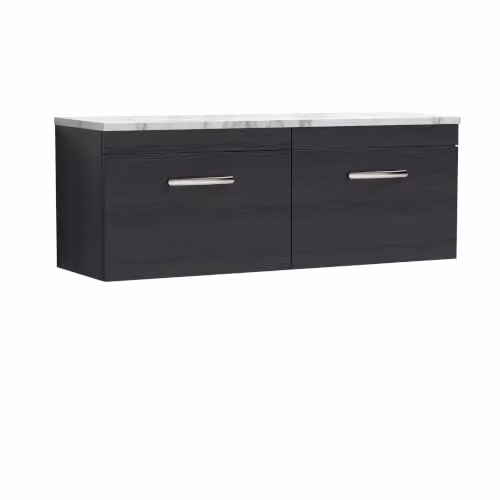 Balterley Charcoal Black Wall Hung Bathroom Vanity Unit with 2 Soft Close Drawers and Carrara Marble Worktop W/D/H: 120.5 x 39.0 x 45.2 cm