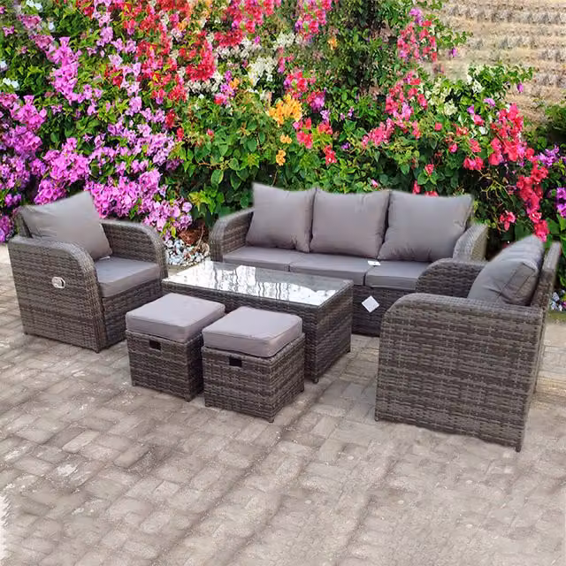 UK Leisure World Modern Grey Rattan Outdoor Patio Set with Recliner Chairs and Glass Table