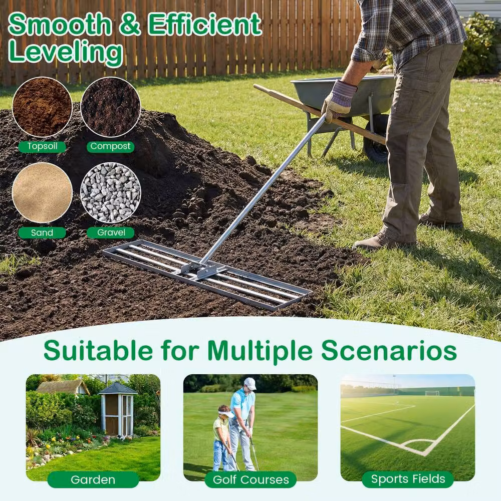 Gymax Metal Lawn Leveling Rake with Adjustable Long Handle in Silver – 3