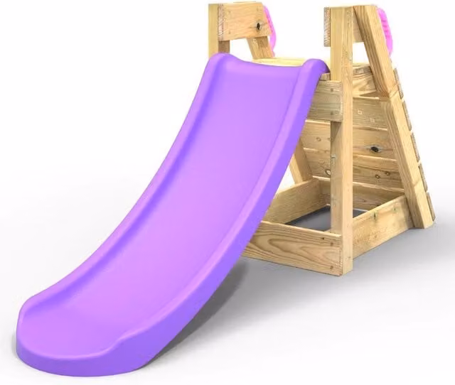 Rebo Wooden 4ft Freestanding Garden Slide with Climbing Wall in Purple