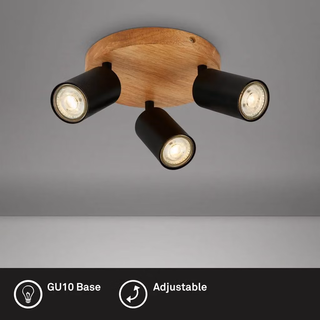 Briloner Industrial Adjustable Ceiling Spotlight with Black Wood Base and 3xGU10 Fitting, W/D/H: 19 x 8.5 x 19 cm – 4