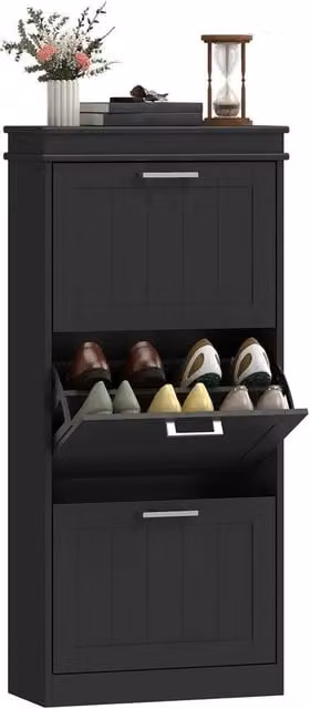 EONLION Modern Black Shoe Storage Cabinet with 3 Tilting Compartments and Internal Shelves, Width: 100 cm – 1