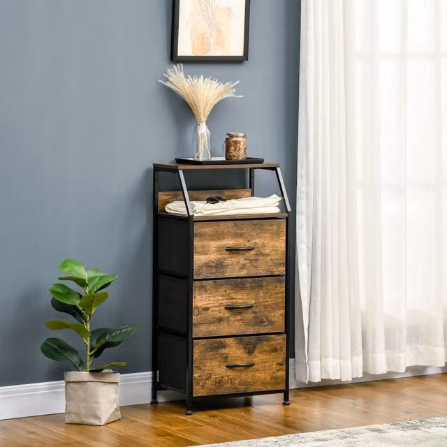 HOMCOM Industrial Storage Cabinet with 3 Fabric Drawers and Display Shelves in Brown – 1
