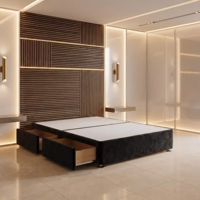 Somnior Beds Ltd Double Divan Bed Base with Drawers in Black Plush Velvet, W/D/H: 140 x 200 x 30.5 cm