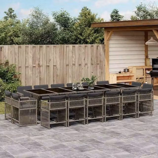 Berkfield Home 17 Piece Grey Poly Rattan Garden Dining Set with Cushions and Glass Top – 1