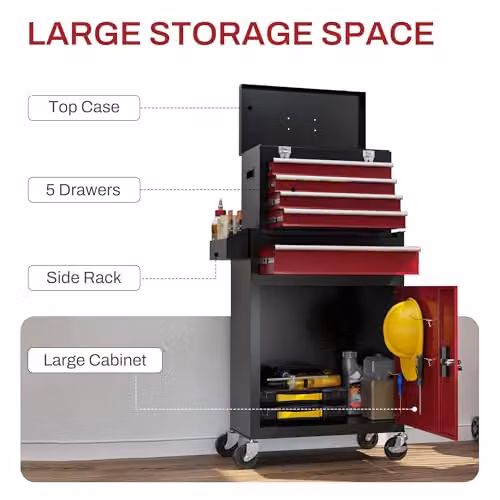 HOMCOM Rolling Tool Cabinet with 5 Lockable Drawers in Red Steel, W/D/H: 60.0 x 28.0 x 105.0 cm – 6