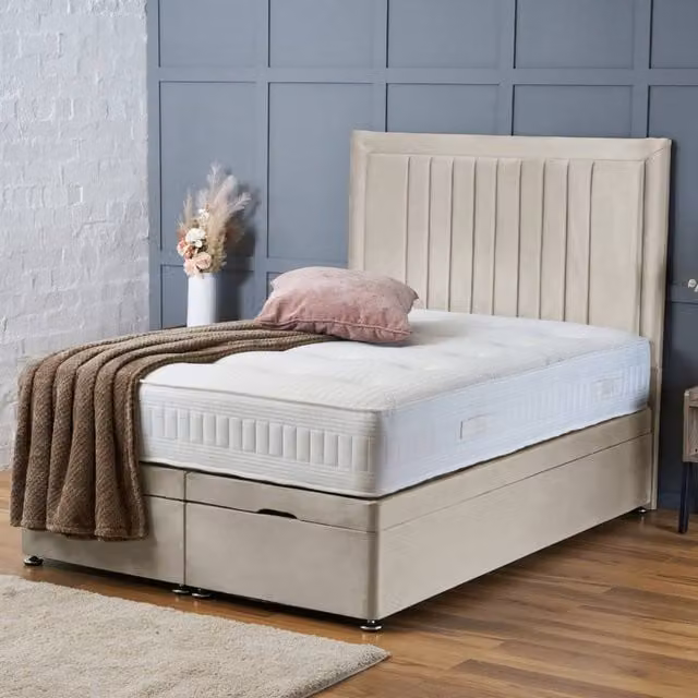 BSSPOKE Canes Ottoman Divan Bed with 54 inch Headboard and Mattress in Beige Plush Velvet, Small Double, W/D/H: 120 x 200 cm