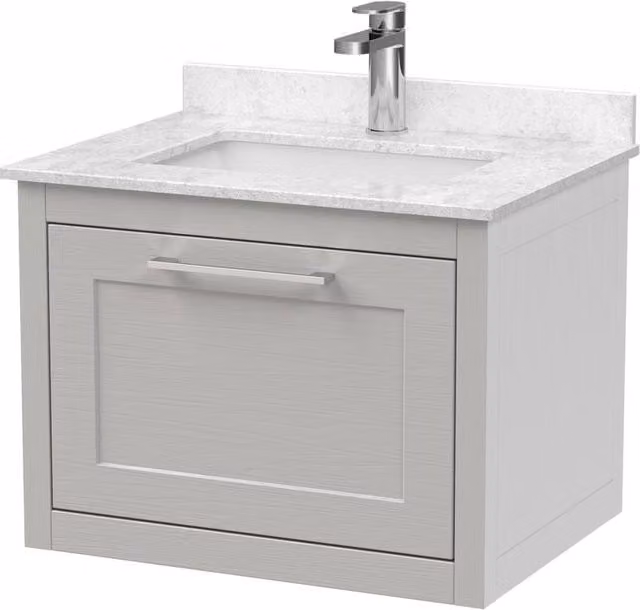 Balterley Blithbury Wall Hung 1 Drawer Vanity Basin Unit in Grey Woodgrain, Width: 60 cm