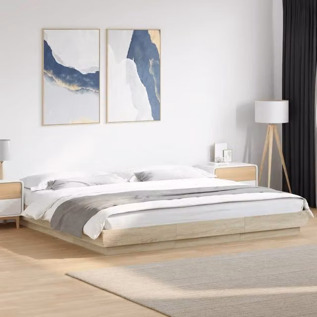 Berkfield Home Sonoma Oak Bed Frame with LED Under-Bed Lighting and USB Charging Port in Brown, 200 x 200 cm – 1