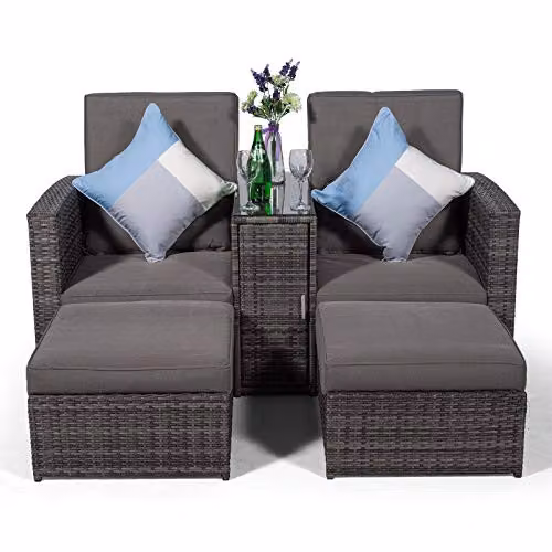Giardino Nevada Double Reclining Rattan Sun Lounger Set with Canopy and Side Tray in Grey and Brown – 2