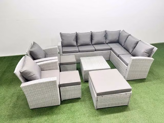 Fimous 11 Seater Rattan Garden Furniture Set in Light Grey with Upholstered Cushions and L-Shape Sofa Configuration