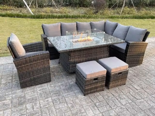 Fimous 9 Seater High Back Rattan Dining Set with Gas Fire Pit Table in Dark Grey