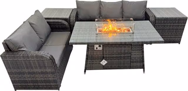 Fimous Outdoor Rattan Set in Dark Grey Mixed with 3-Seater Love Sofa, Fire Pit and 2 Side Tables