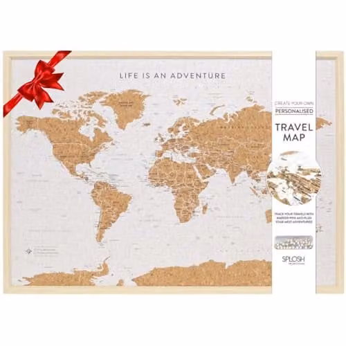 Splosh Large World Map Pin Board with White Wooden Frame and 100 Pins