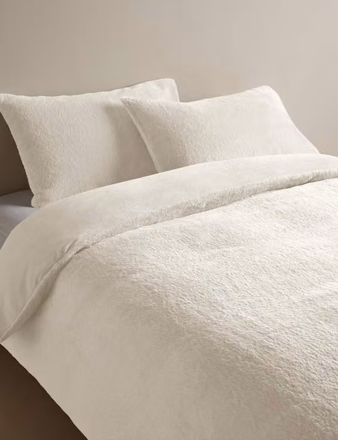 M&S Supersoft Faux Fur Bedding Set, Cream and Beige, W: 180 cm, D: 200 cm