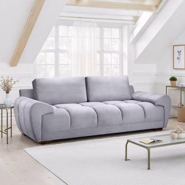 Furnishings For Less UK Zura Grey Fabric 3 Seater Sofa with Pillow Back and Wooden Legs