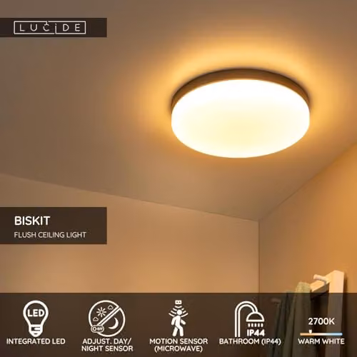 Lucide Biskit Black LED Flush Ceiling Light with Motion Sensor for Bathrooms, Diameter: 40 cm – 2