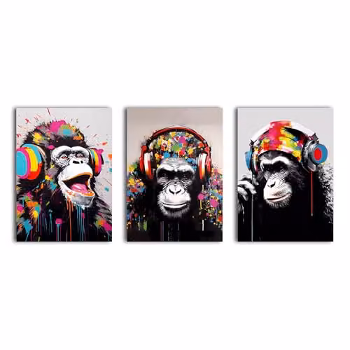 Simpa Headphone Apes 3 Panel Canvas Wall Art, Multicolour Modern Animal Illustration for Home and Office Decor