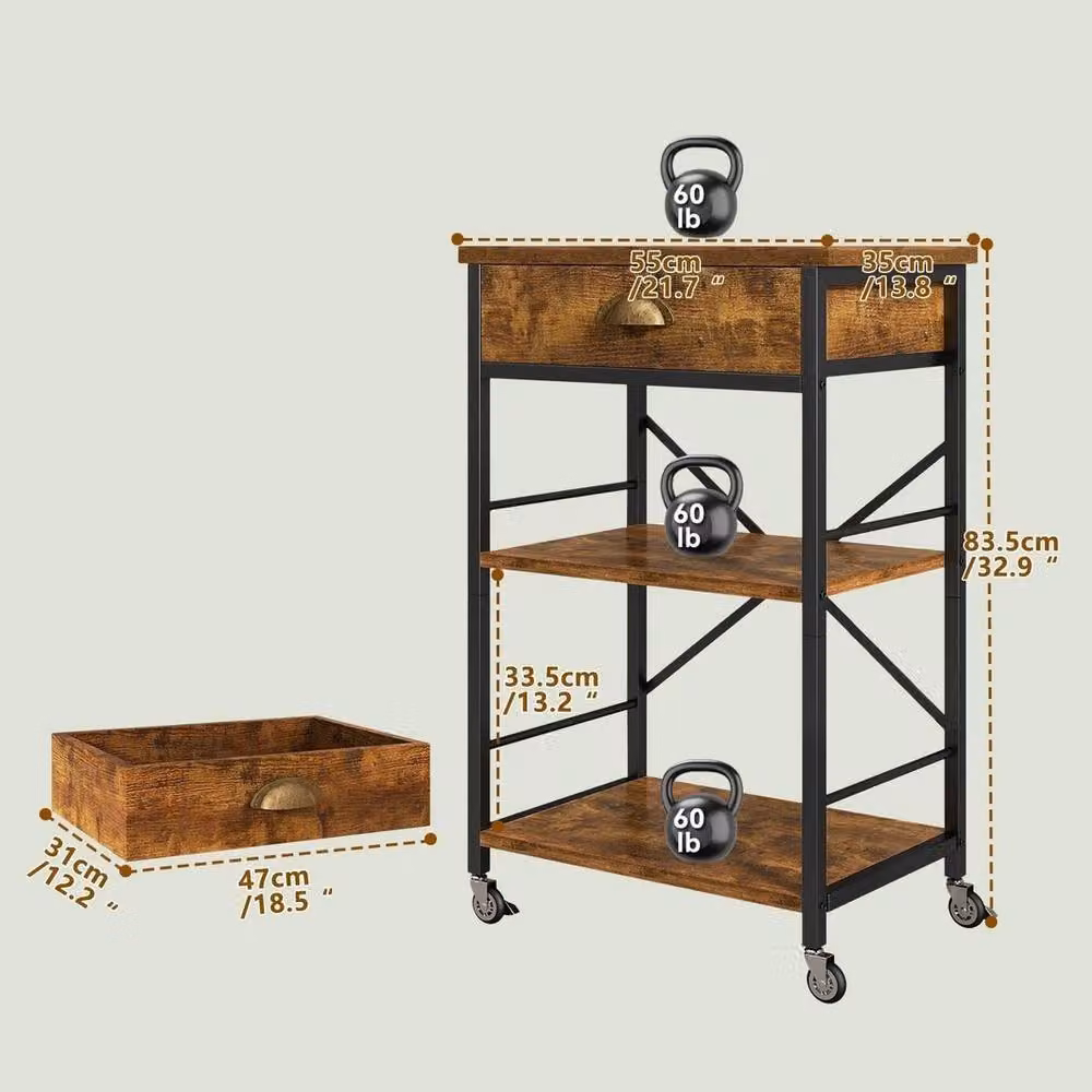 VOGREX Rustic Brown 3-Tier Rolling Bakers Rack and Microwave Stand with Drawers – 2