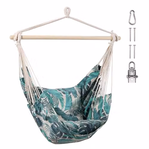 VonHaus Hanging Egg Chair with Attachments, Green Multicolour Leaf Print Outdoor Swing Seat and Hammock for Garden and Terrace – 1