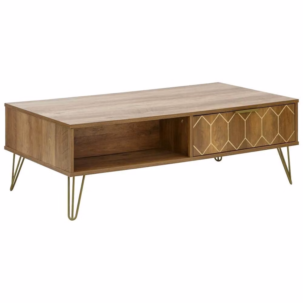 FORGEVIO Mid-Century Mango Wood Coffee Table with 2 Drawers in Brown and Gold – 2