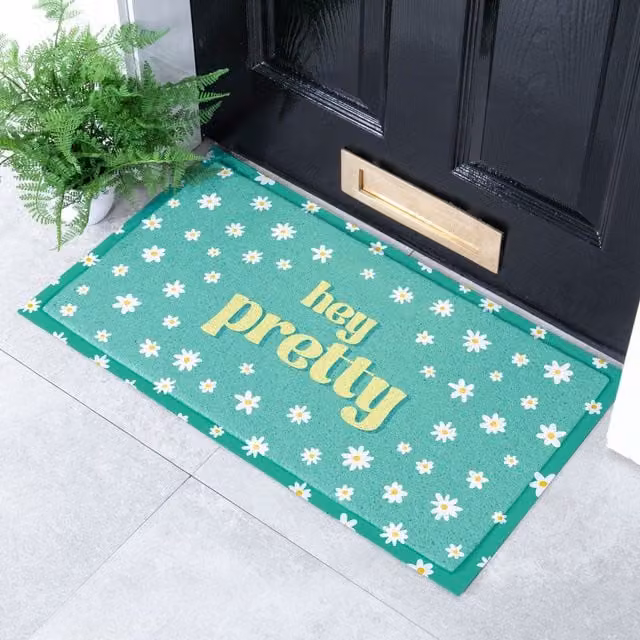Artsy Mats Hey Pretty Flowers Doormat in Blue and Green, W: 70 cm, D: 40 cm