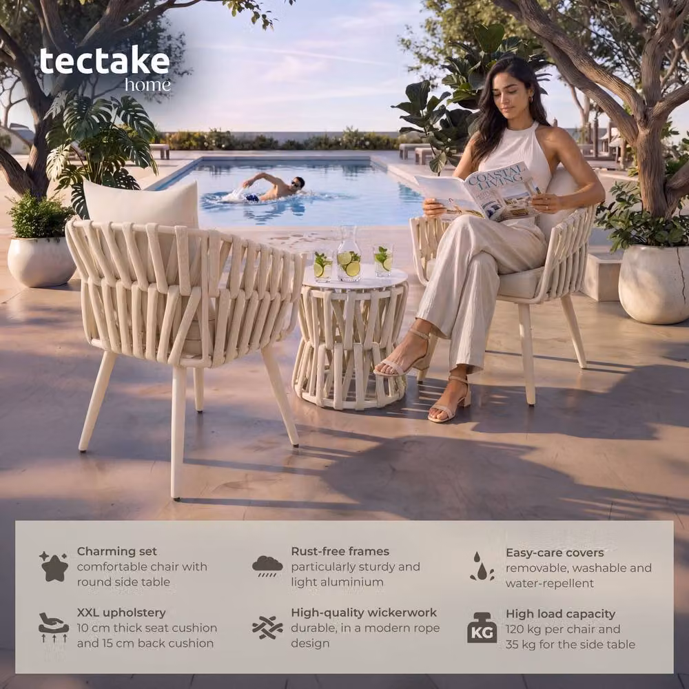 tectake Lugano Modern Garden Lounge Set with Powder Coated Aluminium Frame and Upholstered Cushions in Beige and White – 2