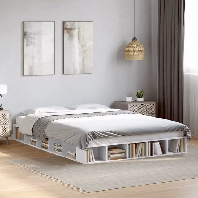 Berkfield Home White Bed Frame with Side Compartments and Wood Slats, W/D/H: 140 x 200 cm – 1