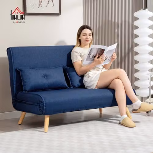 HOMCOM 2 Seater Click Clack Convertible Sofa Bed in Blue – 2