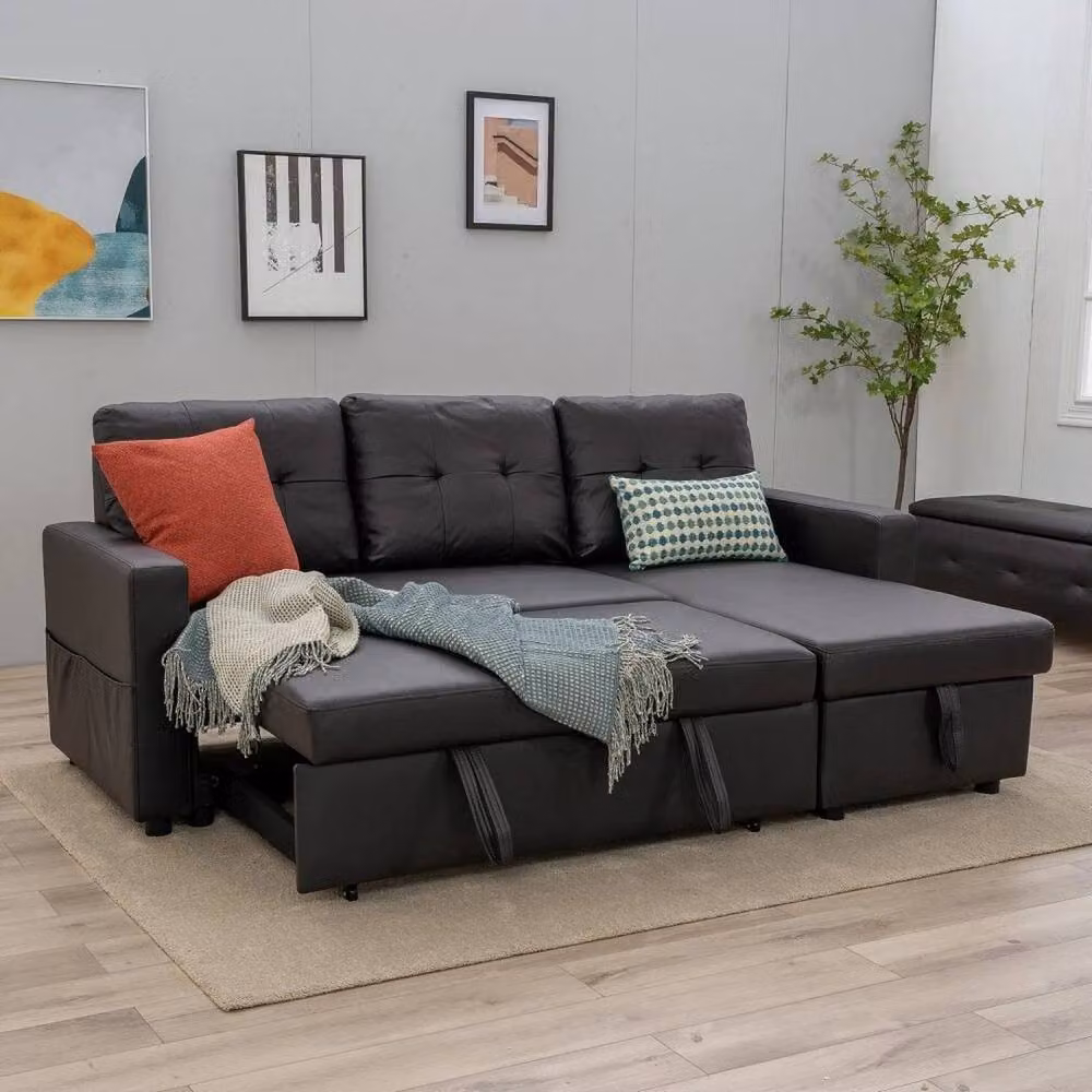 FORGEVIO Black Faux Leather L-Shape Corner Sofa Bed with Scatter Cushions – 2