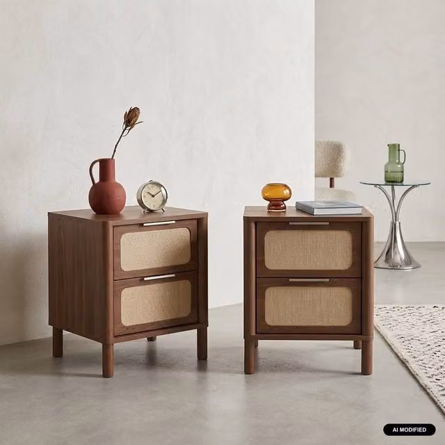 sweeek Set of 2 Vintage Bedside Tables with Wood and Cane Decor in Dark Brown
