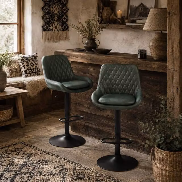 Wyld Haus Milosu Green Retro Bar Stools Set of 2 with Swivel Seats and Faux Leather Upholstery