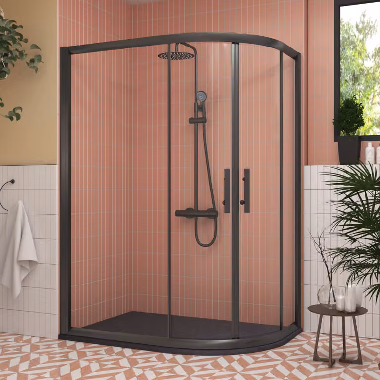 Royal Bathrooms Milan Matt Black Offset Quadrant Shower Enclosure with Grey Stone Mineral Cast Tray, W: 120 cm, D: 80 cm, 6mm Double Sliding Door