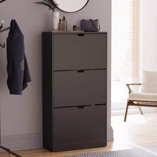 HD Designs Vida Designs Modern Black 3 Drawer Shoe Cabinet with Tilting Compartments