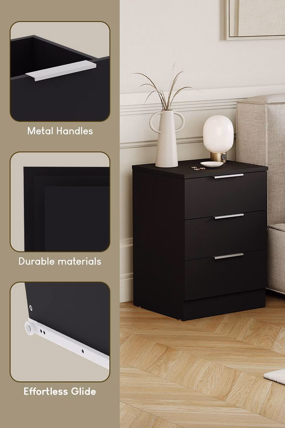 HD Designs Trega 3 Drawer Bedside Chest in Black – 3