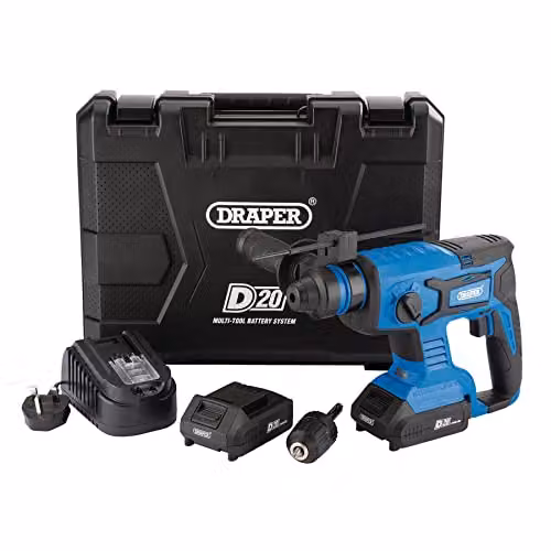 Draper D20 20V Brushless SDS+ Rotary Hammer Drill with 2 x 2Ah Rechargeable Batteries and Charger in Black and Blue – 2
