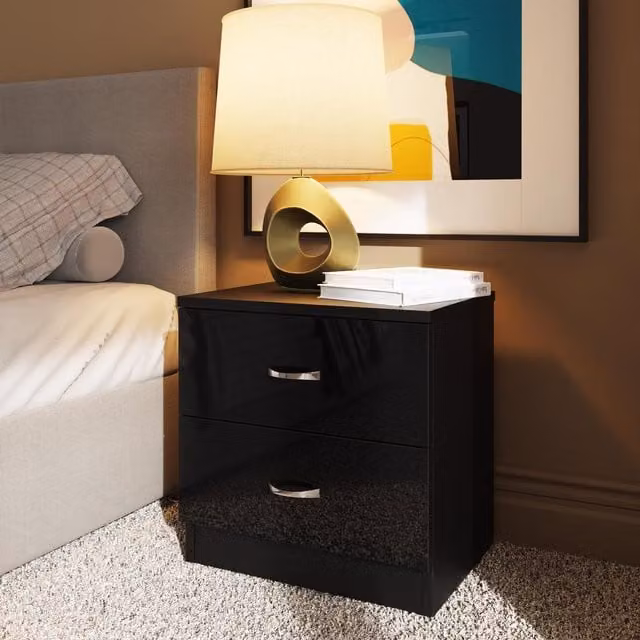 FWStyle Chilton 2 Drawer Bedside Table in Black Gloss, H 46 x W 45 x D 40 cm – 1