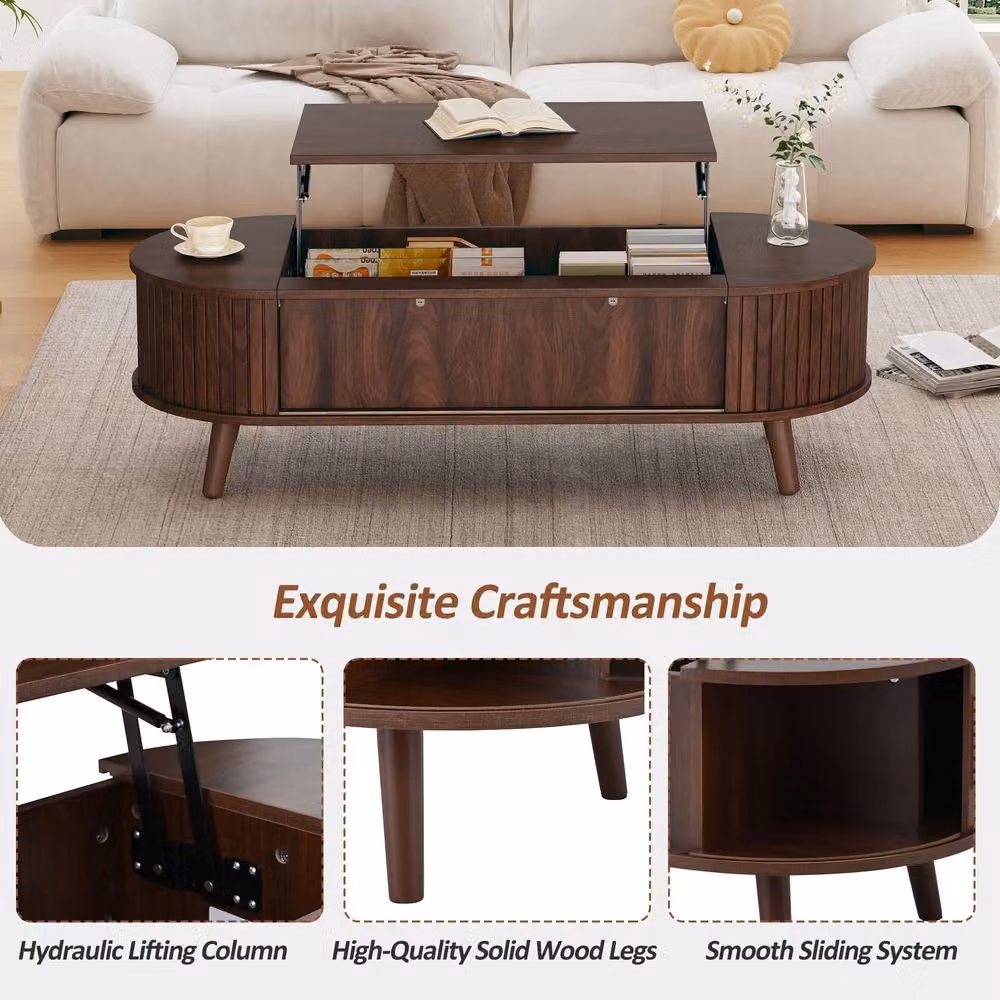 BTM Oval Lift-Up Coffee Table with Hidden Storage and Height Adjustment, Brown Wood – 4