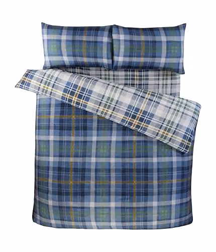 Rapport Home Regalia Checked Microfibre Duvet Cover and Fitted Sheet Set, Blue, White, Gold and Green, W/D/H: 180 x 200 cm – 2