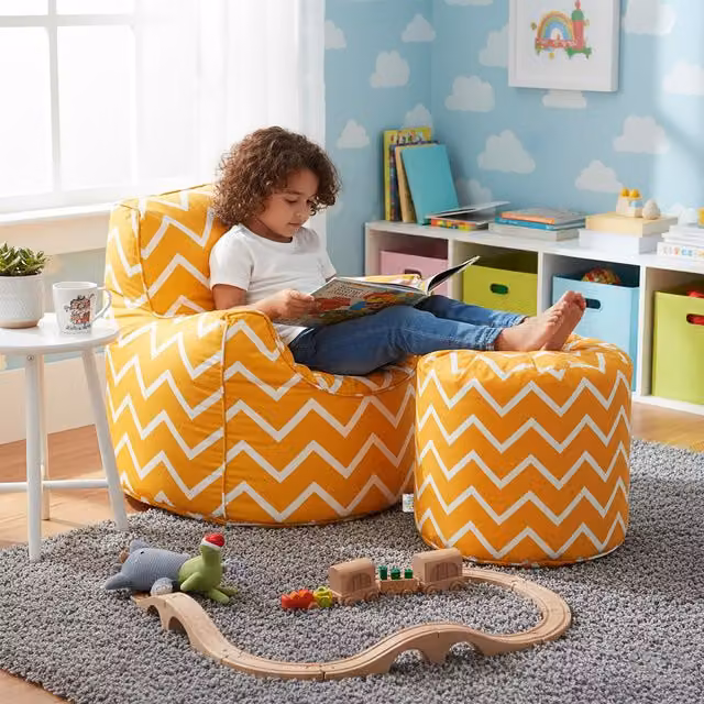 Ready Steady Bed Kids Geometric Zigzag Printed Bean Bag Chair in Yellow