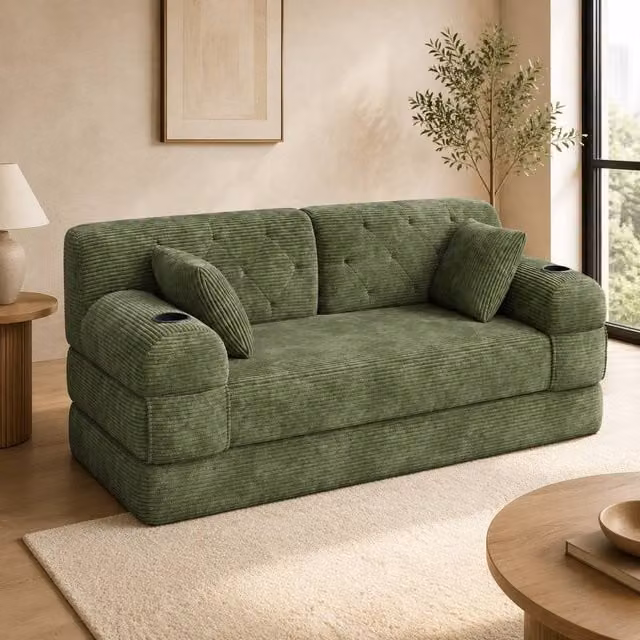 STILVORA Modern Green Upholstered Sleeper Sofa with Cup Holders and Metal Frame