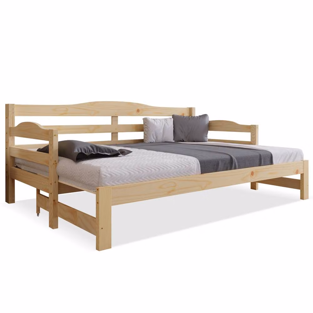 STILVORA Modern Single Day Bed with Pull-Out Trundle in Natural Sand Pine and MDF, W/D/H: 90 x 190 cm – 3