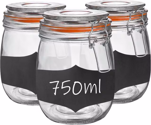 Argon Tableware Set of 3 Transparent Glass Storage Jars with Orange Silicone Seal and Stainless Steel Clip, 0.75 l each