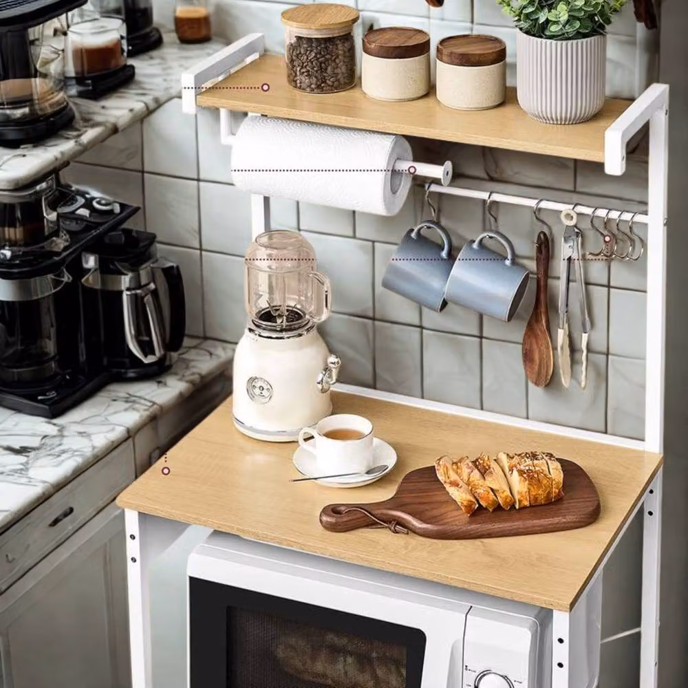 Pirlo Plush Industrial 4 Tier Smart Kitchen Bakers Rack with Power Outlets in Light Oak – 2