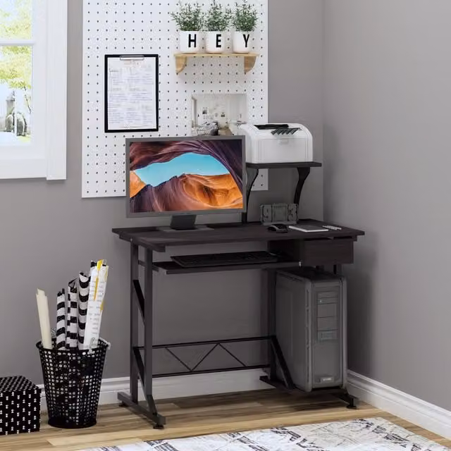 HOMCOM Modern Computer Desk with Sliding Keyboard Tray in Brown and Black